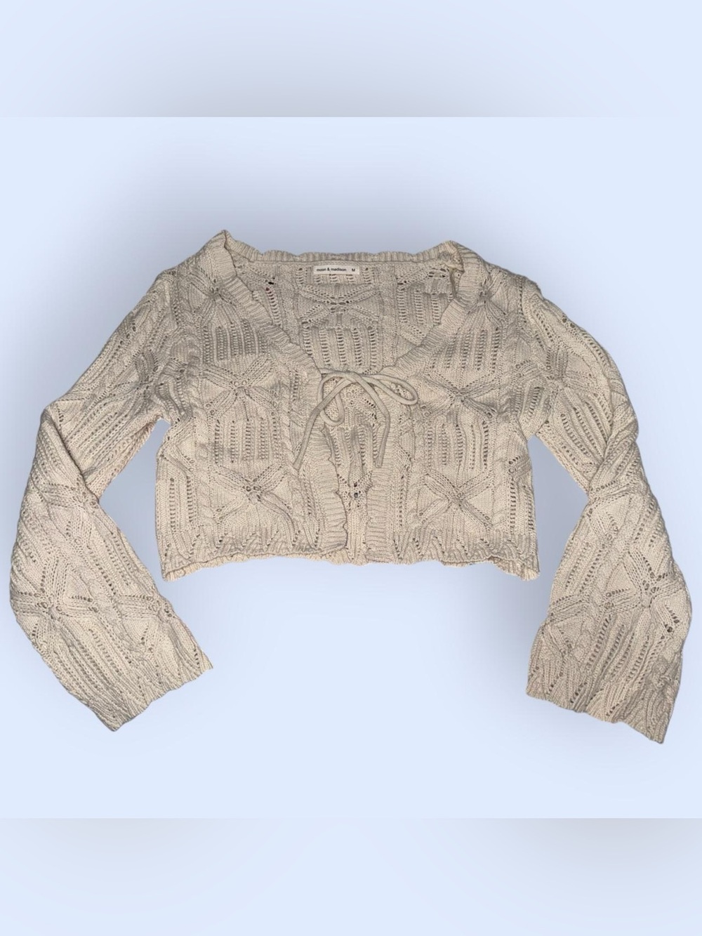 Moon & Maddison Cropped Cable Knit Tie-Front Sweater